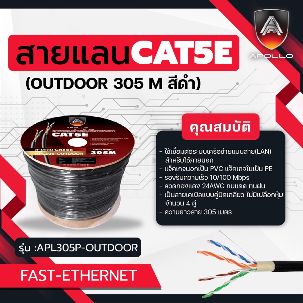 Apollo รุ่น APL305-OUTDOOR  สายแลน Lan Cable UTP CAT5E Outdoor 305m./Box สายอินเตอร์เน็ท และ CCTV