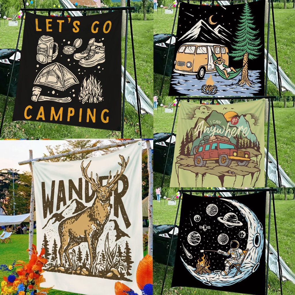 ผ้าตกแต่ง แคมป์ปิ้ง camping ติดผนังแนวตั้ง สีแจ่ม มี 3 ขนาด