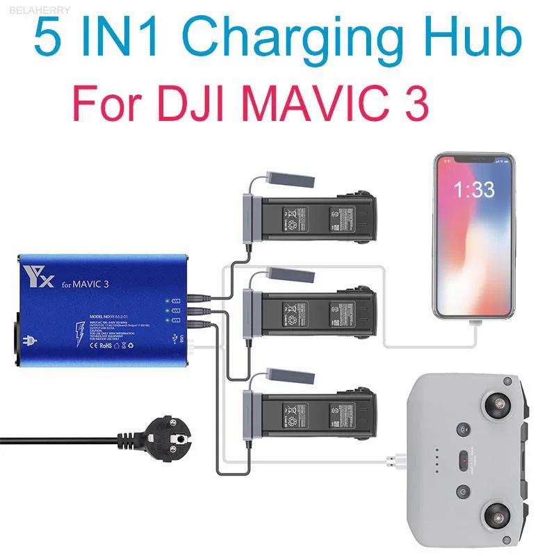 5 In 1 Battery Charger Hub สำหรับ DJI Mavic 3/3 Cine Drone Remote Controller สมาร์ทโฟนชาร์จ Hub อัจฉ
