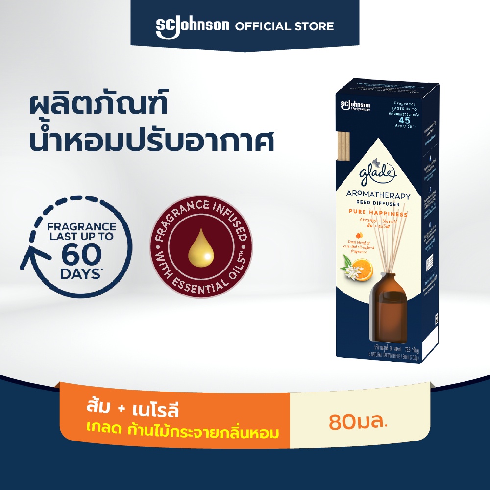 เกลดก้านไม้กระจายกลิ่นหอมกลิ่นส้ม80มล. Glade Aromatherapy Reed Diffuser Orange and Neroli 80 ml