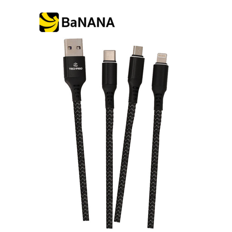 TECHPRO 3-in-1 USB-A to USB-C Micro-Lightning Cable 3A Charrger & DATA SYNC 3.1A 1M - Nylon Black by Banana IT