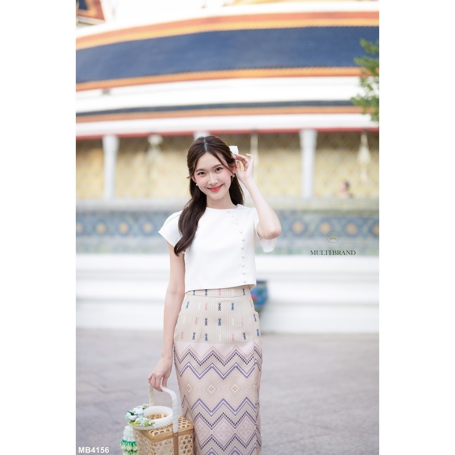 Multi Brand ชุดเซ็ท MB เซ็ตเสื้อแขนกลีบบัว+กระโปรงลายไทยสีครีม สีขาว