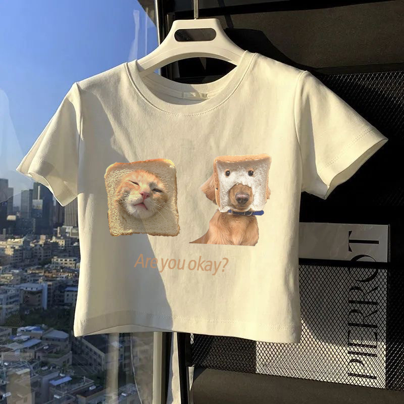 เสื้อครอปแฟชั่น เสื้อผู้หญิง เเขนสั้น คอกลม สกรีนลายน้องหมาน้องแมวน่ารัก ผ้านิ่ม ใส่สบายสุดๆ