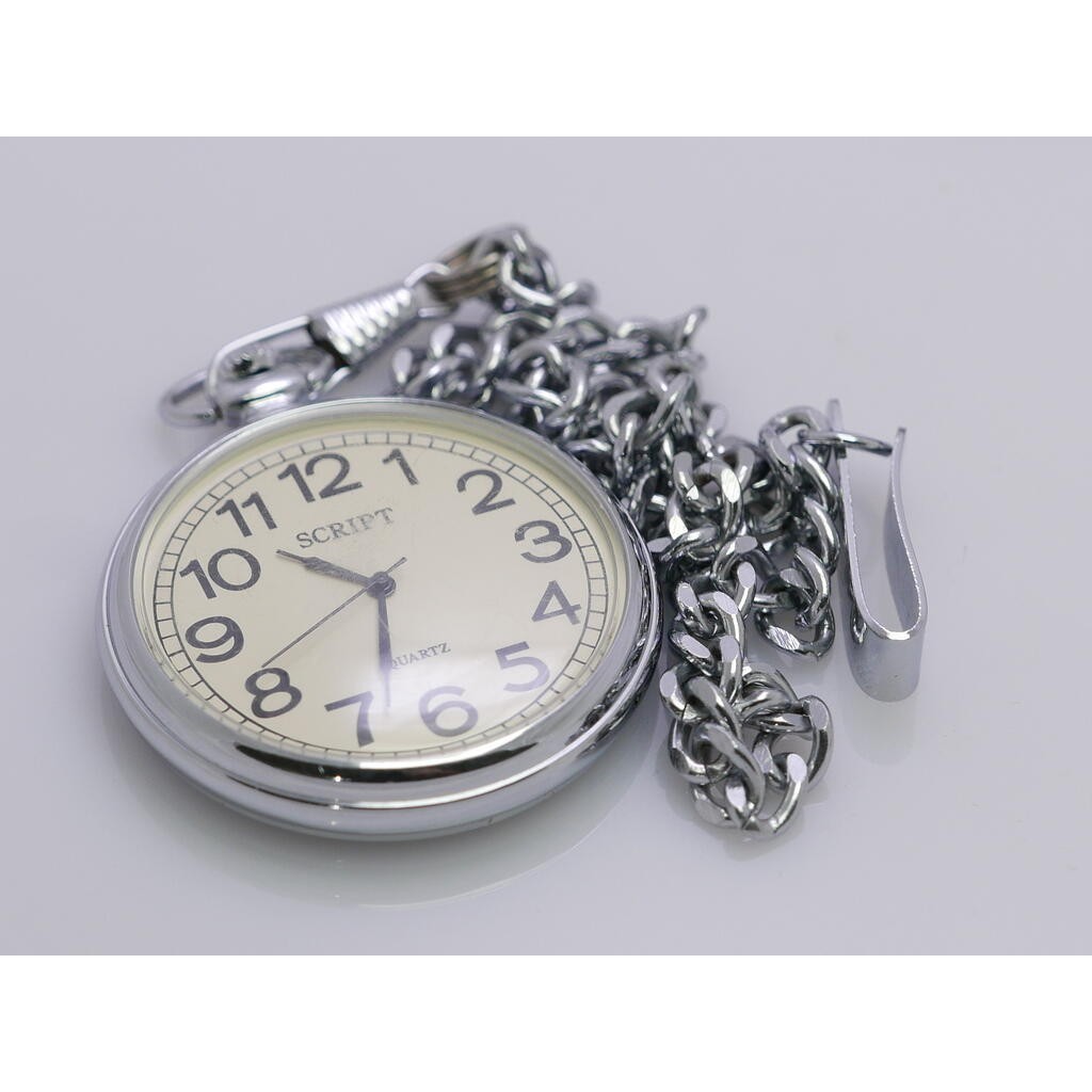 นาฬิกา Vintage มือสองญี่ปุ่น PocketWatch นาฬิกาพก J-AXIS SCRIPT ระบบ QUARTZ ผู้ชาย ทรงกลม กรอบเงิน 44มม พร้อมโซ่