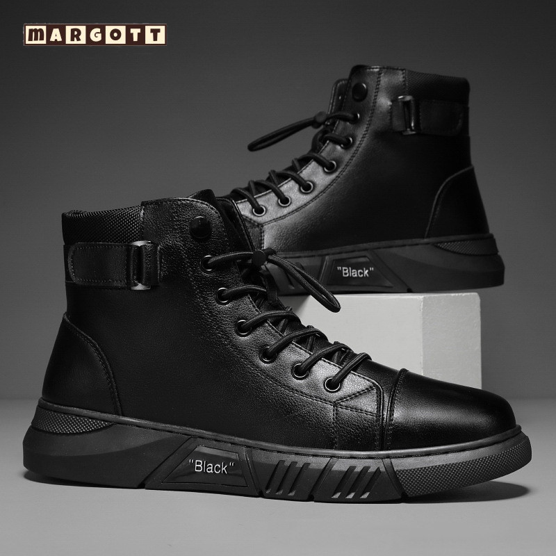 【margott9】รองเท้าบูทแฟชั่นบุรุษ  สไตล์อังกฤษ สีดำ หนังพียู ขนาด 39-44