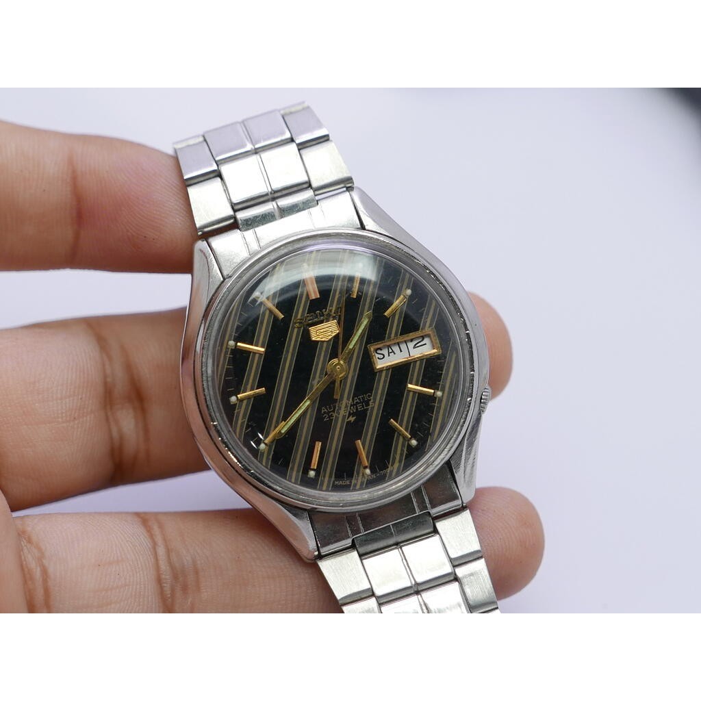 นาฬิกา Vintage มือสองญี่ปุ่น Seiko5 ระบบ Automatic 6309 890C ผู้ชาย หน้าปัดสีดำลาย 37มม เสียต้องล้างเครื่อง ขายตามสภาพ