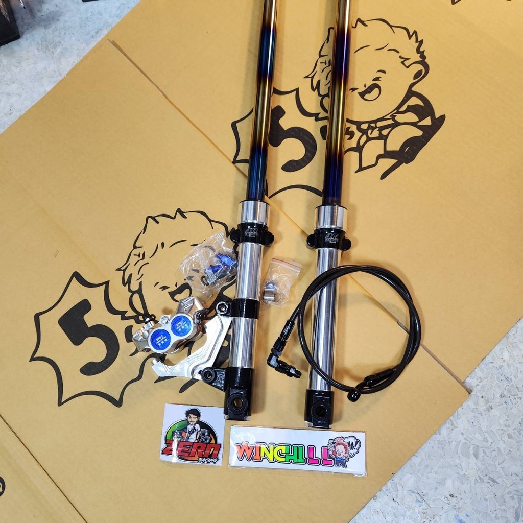 กระบอกโช้ค SONIC ดำตัดเงิน + แกน สีไทเททอง ตัดแกน 2 นิ้ว + ขาปั๊มCNC + ปั๊มงานCNCแทน เงินหมุดน้ำเงินST7 + สายเบรค ZERN8