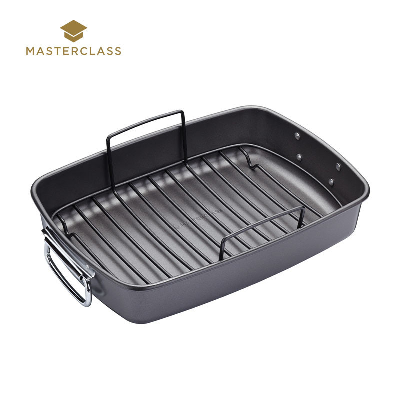 MasterClass Deep Roasting Tin with Rack , Roasting Dish for Oven & Hob , Heavy Duty , Rust Resistant and Non Stick , Dishwasher Safe , 40x28cm