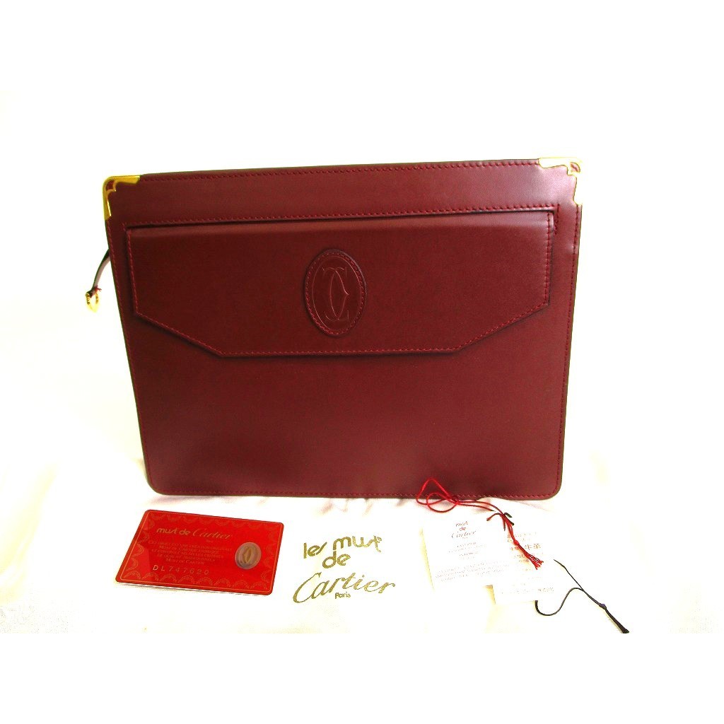 Authentic Cartier Bordeaux Leather Must de Cartier A5 Document Case Clutch Bag #9301  Pre-owned