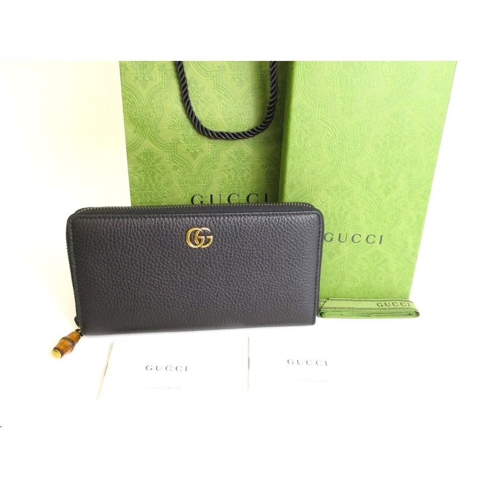 Authentic GUCCI Marmont GG Bamboo Black Leather Round Zip Long Wallet #9823  Pre-owned