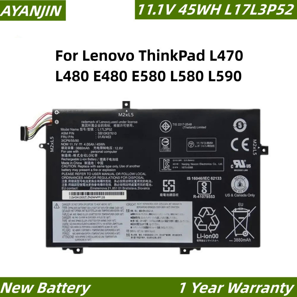 L17M3P53 11.1V แบตเตอรี่45WH สำหรับ Lenovo ThinkPad L470 L480 01AV466 L580 L590 Series L17C3P52