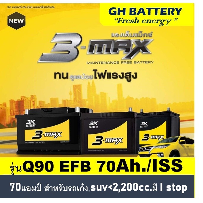 🔥แบตเตอรี่รถยนต์ 3K รุ่น Q90  / EFB 70Ah.  พร้อมใช้ / ไม่ต้องเติมน้ำ /สำหรับรถเก๋ง  SUV <2200cc. มีร