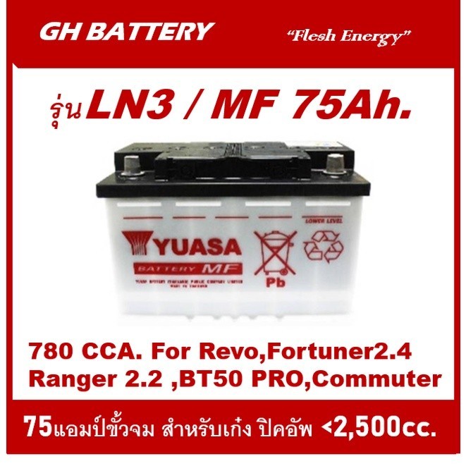 แบตเตอรี่รถยนต์YUASA รุ่น DIN-LN3 /75Ah. พร้อมใช้ /ไม่ต้องเติมน้ำ สำหรับรถเก๋ง .ปิคอัพ .SUV<2500cc.