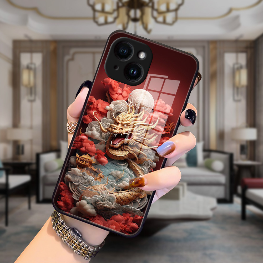 มังกร เคส กระจก iPhone 11 pro max 12 mini 13 14 plus 15 pro XR X XS max 6 7 6s 8 se h3f1527