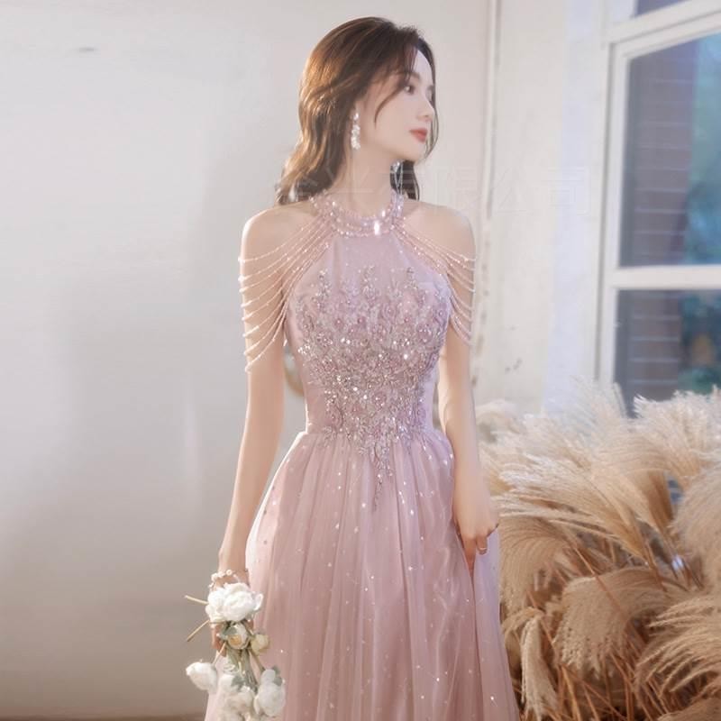 Pink dress heavy industry off-the-shoulder long sweet princess dress evening party evening gown