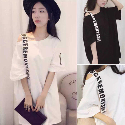 【COD】1M hip-hop jazz hip-hop hip-hop long letter strap loose plus size short sleeve T-shirt dress fe