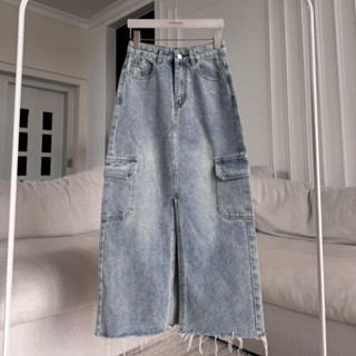 PTJ32159 กระโปรงยาวคาร์โก้แต่งกระเป๋าข้าง