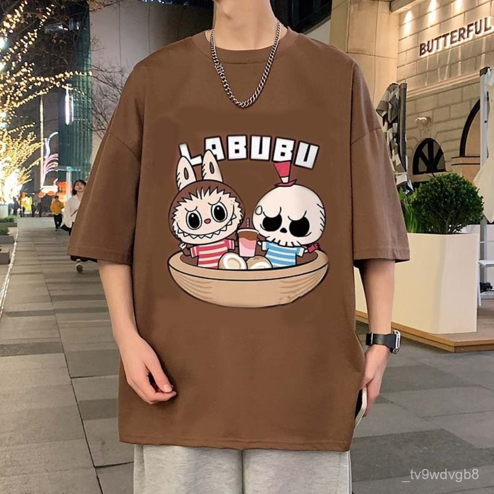 【High quality】HLDT Loose Labubu Time Cartoon Anime T-shirt Oversized Letter Labubu Couple Outfits Fa