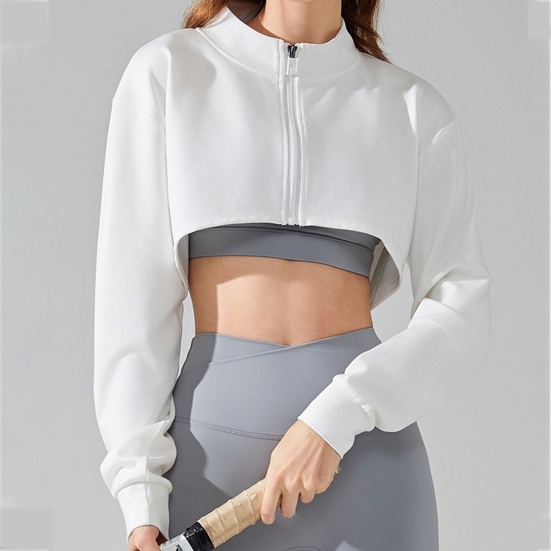 Wmuncc 2026 Cropped Yoga Jacket ผู้หญิงแขนยาว Stand-Up Collar วิ่งฟิตเนสพิลาทิสการฝึกอบรมเสื้อกีฬา