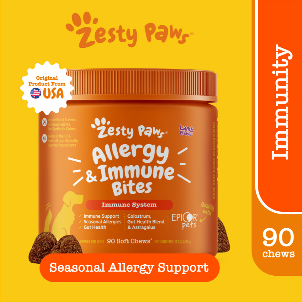 Zesty Paws Aller-Immune Bite for Dogs Immune System [รสเนื้อแกะ] (แบบนุ่ม 90 เม็ด) (หมดอายุ:08/2025) [อาหารเสริมสำหรับสุนัขที่มีอาการภูมิแพ้อากาศตามช่วงฤดูกาล ดูแลการทำงานของภูมิคุ้มกัน ผิวแพ้ง่าย และสุขภาพทางเดินอาหารสำหรับสุนัข]