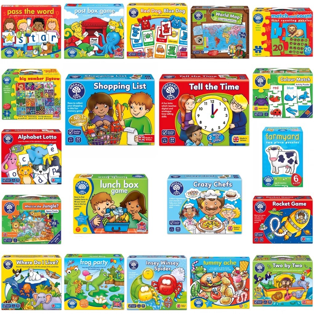 Orchard Toys เกมกระดานบนโต๊ะและลูกจิ๊กซอว์สำหรับช้อปปิ้งของเล่นรถบัสแฟลชการ์ด