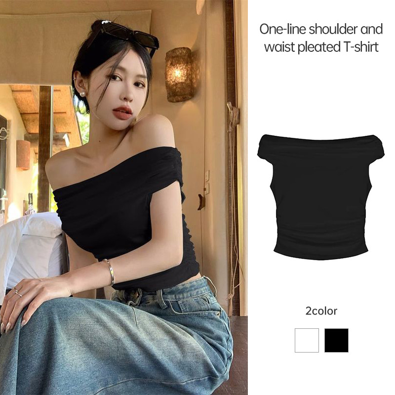 เสื้อยืดแขนสั้นปิดไหล่ผู้หญิงเอว Retraction จีบด้านบน Slim FITTING เสื้อสั้น