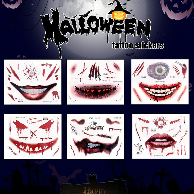 ส่งไวจาก กทม. 6 แบบ แทททู สติ๊กเกอร์ รอยแผล สำหรับแต่งหน้าธีมผี ปาร์ตี้ คอสเพลย์ ฮาโลวีน / Halloween Tattoo Sticker