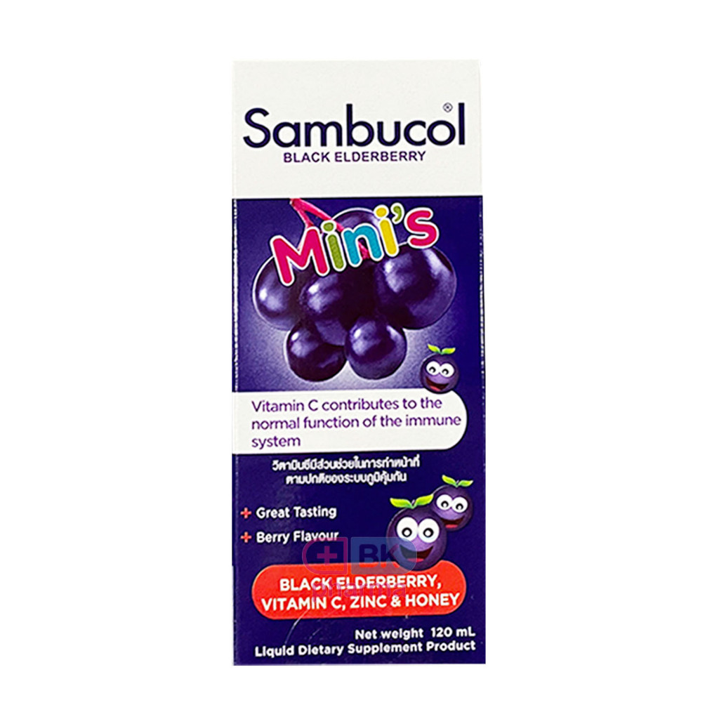 แท้ 100% ฉลากไทย Sambucol Black Elderberry kids Mini's / Syrup 120ml วิตามินเด็ก แบบน้ำ