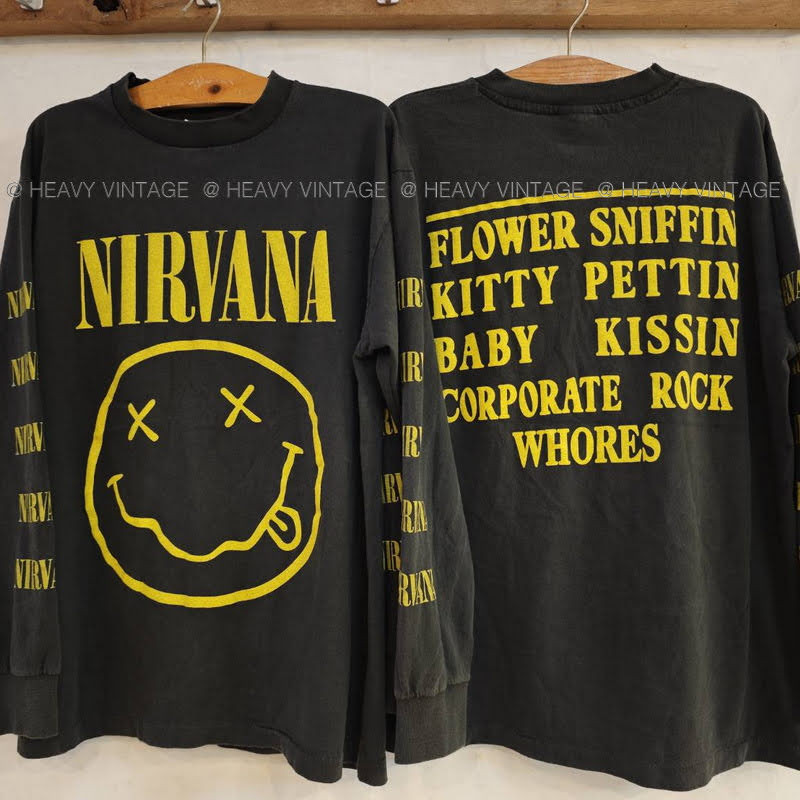 NIRVANA Yellow Smiley THE END OF MUSIC @ 1994  tag Giant แขนยาว เสื้อวง เสื้อทัวร์  เนอร์วาน่า heavy