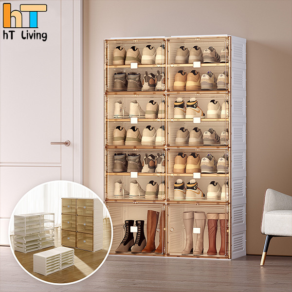 HT Living [พร้อมส่ง !!] ตู้รองเท้า 2 แถว 10 ชั้น 40 คู่ ติดตั้งง่าย พับเก็บได้ มีหลายช่องเก็บ ประตูแ