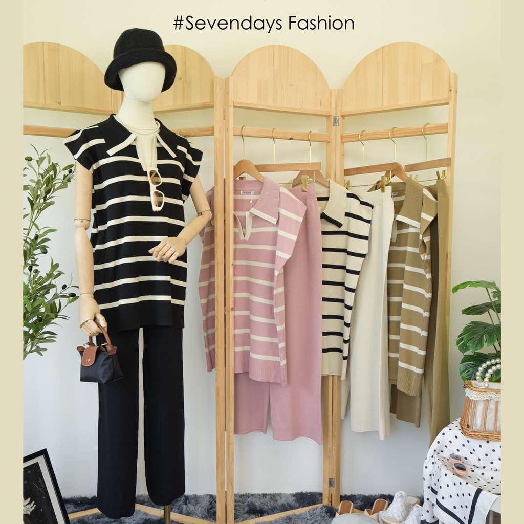 Hot item #S14 ชุดเซ็ทไหมพรม คอปกแขนเต่อเสื้อตัวยาวลายริ้ว กางเกงแมชสีพื้น เนื้อผ้าเกรดอย่างดี หนานุ่ม ยืดเยอะใส่สบาย