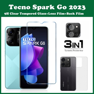 3in1 Tecno Spark GO 2023 Spark 8C 8P 9T ฟิล์มกระจกนิรภัยหน้าจอใส + ฟิล์มเลนส์ + Tecno Spark 10 Pro ฟิล์มหลัง คาร์บอนไฟเบอร์