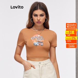 【พร้อมส่ง】Lovito เสื้อยืด ลวดลายย้อนยุค สีพื้น เบสิก สไตล์ลำลอง L20D1186 (สีน้ำตาล)