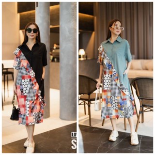 🏷️เดรสเชิ้ตคอปกแขนสั้น งานกระดุมหน้าครึ่งตัวแกะได้ เย็บต่อผ้า silk พิมพ์ลายต่อขอบระบาย งานน่ารักผ้าใส่สบาย