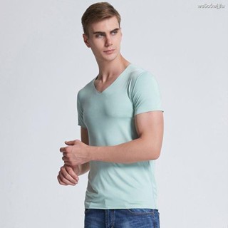 (แพ็ค 2) Soft Ice Silk Summer Men s V-neck Highly Elastic T-shirt/Short Sleeve Quick-drying Milk Sports, Running and Lei