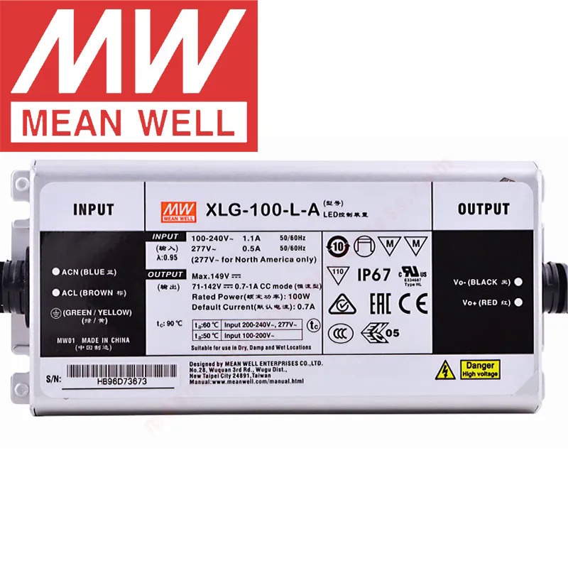 Mean Well IP67เคสโลหะถนน/ตึกระฟ้า/โคมไฟฟลัดไลท์ Meanwell 700-1050mA/71-142V/100W LED Driver