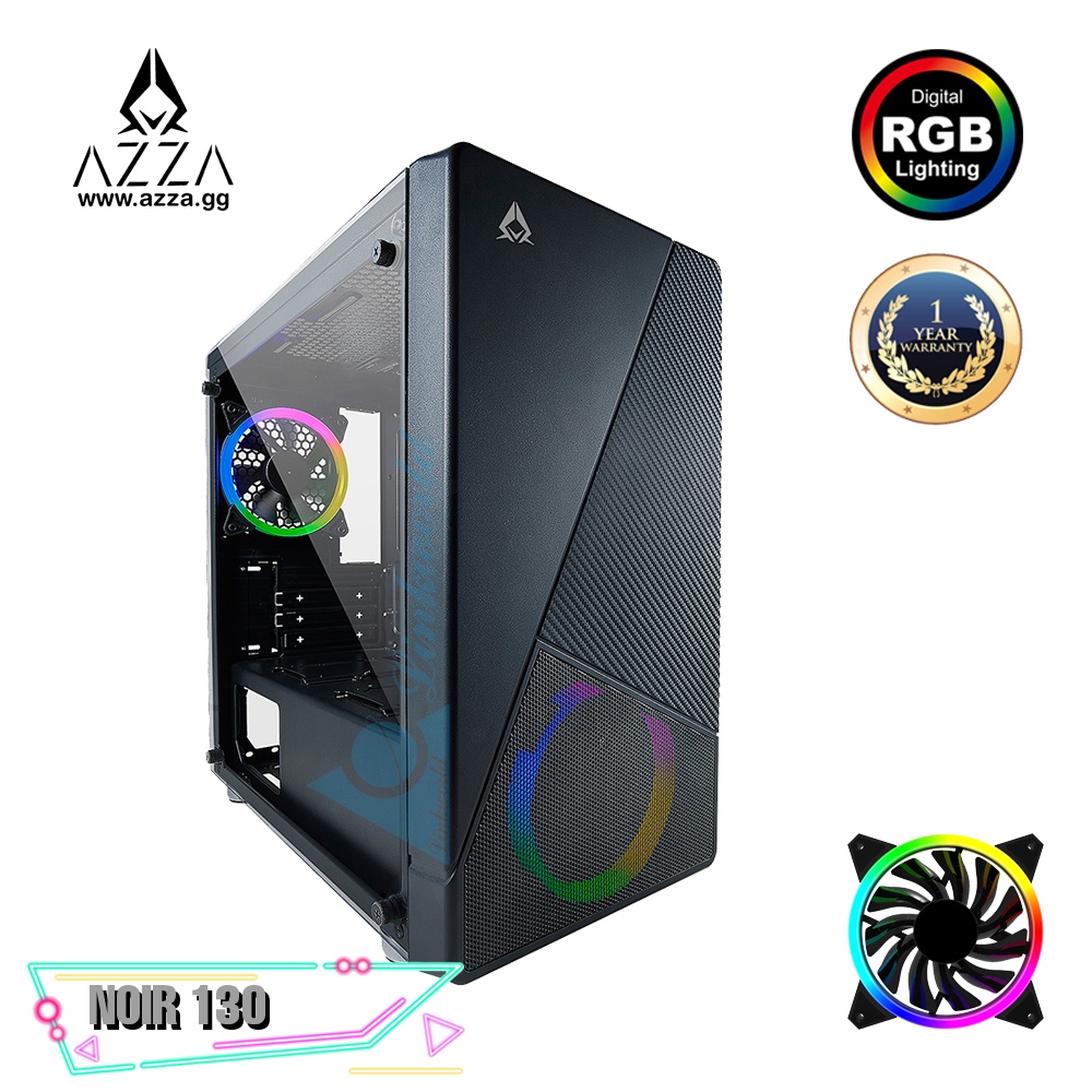 AZZA Micro ATX Mid Tower Tempered Glass NOIR 130 with 12cm ARGB Fan x 2 – Black