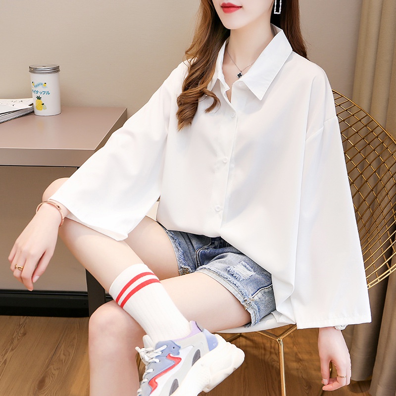 特大300斤七分袖气质通勤开衫长袖单排扣纯色宽松衬衣上衣 ZJ0021