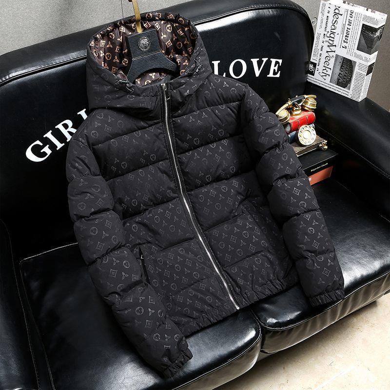 Lv เสื้อโค้ทผ้าฝ้าย มีฮู้ด ลายดอกไม้เข้ม อบอุ่น หนา อินเทรนด์ฤดูหนาว สําหรับผู้ชาย