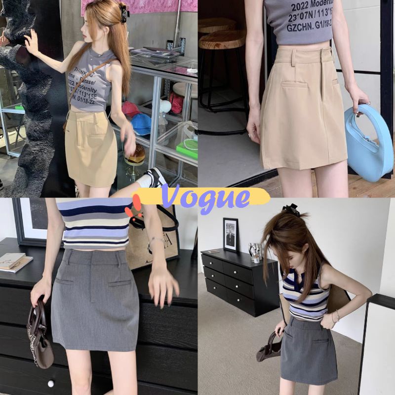 Vogue พร้อมส่ง กระโปรงเอวสูงทรงเอง เรียบหรูมินิมอล (9317)