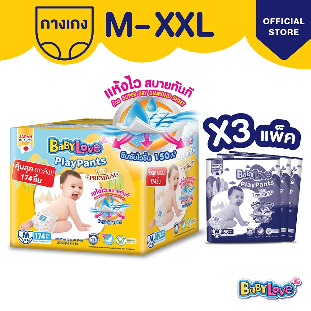 [ToyBox] เบบี้เลิฟ เพลย์แพ้นส์ พรีเมี่ยม ลังซุปเปอร์เซฟ จัมโบ้ ไซส์ S- XXL 3แพ็ค