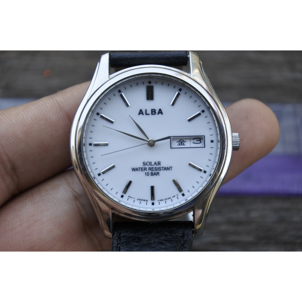 นาฬิกา Vintage มือสองญี่ปุ่น Alba V158 0AX0 หน้าขาว ผู้ชาย ทรงกลม ระบบ Solar ขนาด38mm ใช้งานได้ปกติ ของแท้