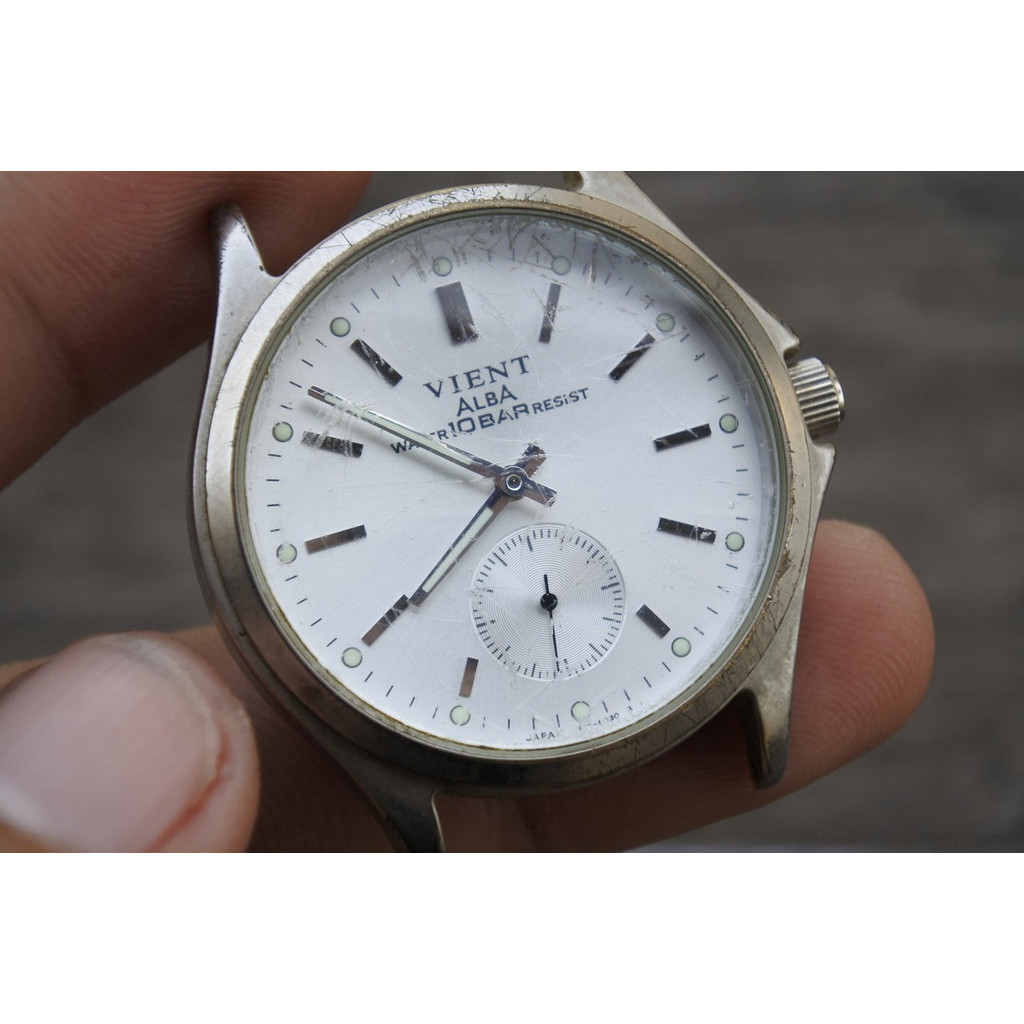 นาฬิกา Vintage มือสองญี่ปุ่น Alba VIENT V701 8010 หน้าขาว ผู้ชาย ทรงกลม ระบบ Quartz ขนาด37mm ใช้งานได้ปกติ ของแท้