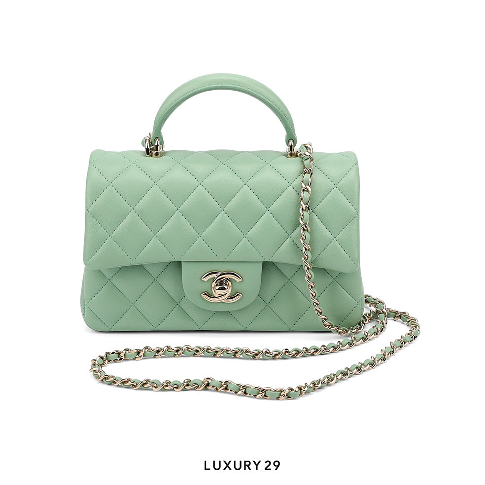 Chanel Mini Flap Bag Top Handle Lambskin Mint Green Champagne Hardware