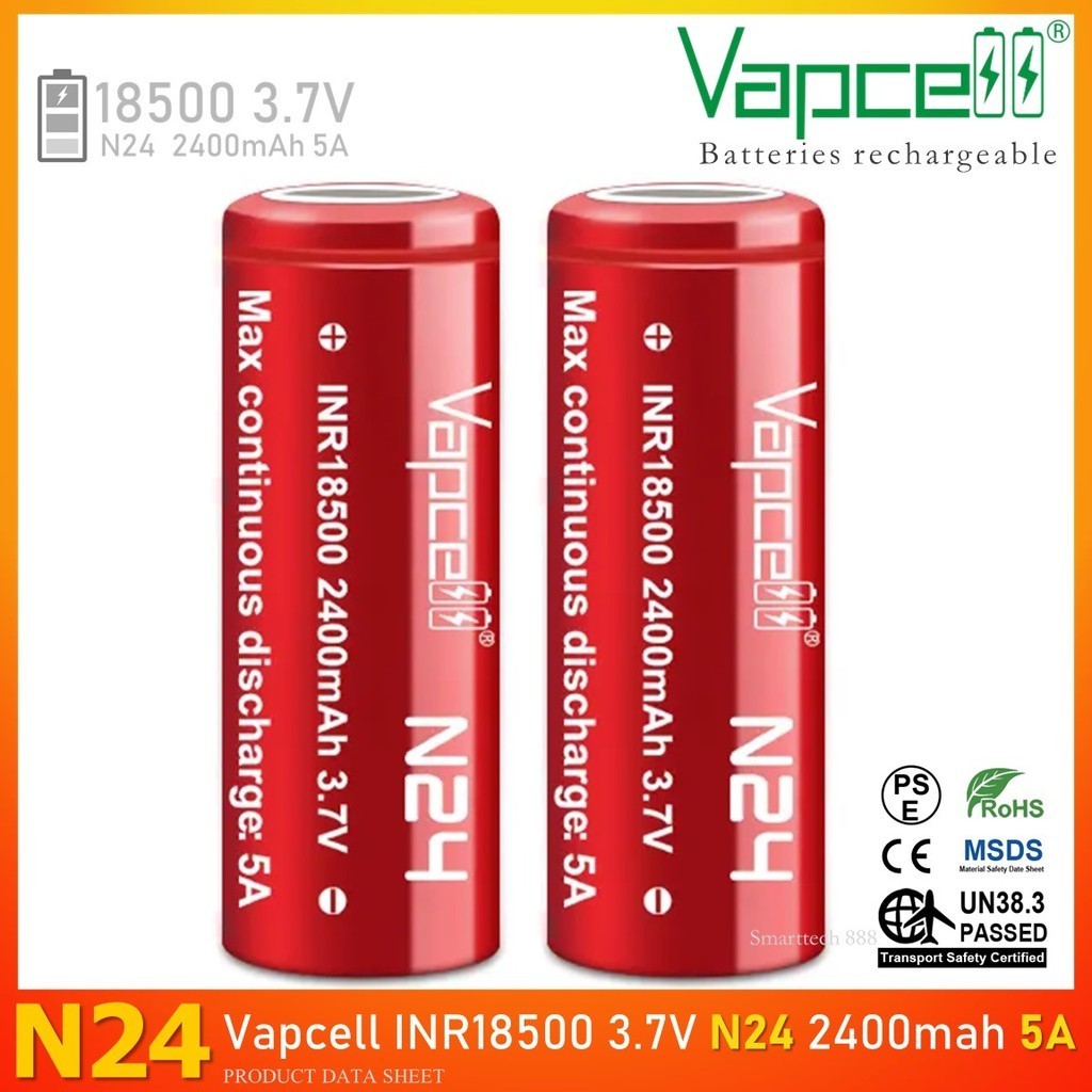 (หัวแบน) ถ่านชาร์จ Vapcell N24 18500 3.7V 2400mAh จ่ายกระแสแรงสูงสุด 5A