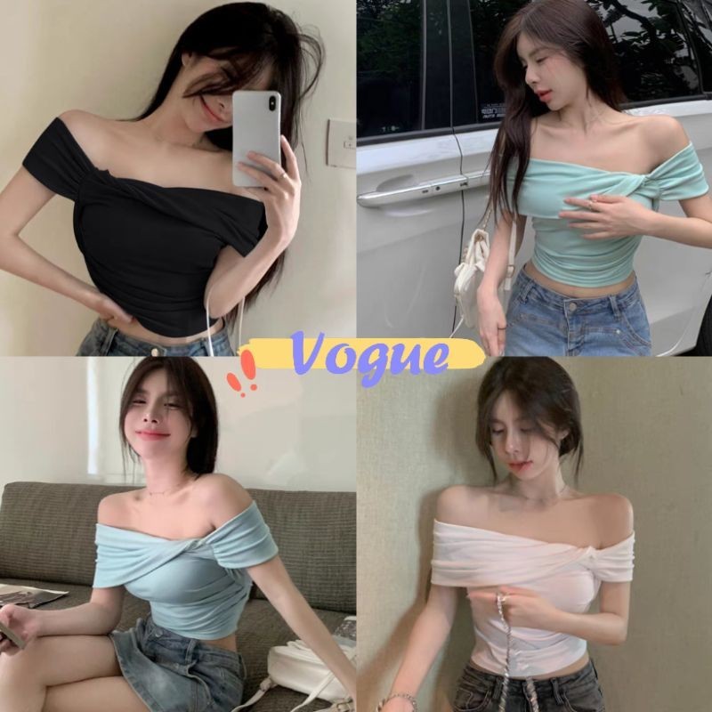 Vogue พร้อมส่ง เสื้อเปิดไหล่ ยืดใส่สบาย 3สี ดีเทลย่อนๆ (FY2333) -H