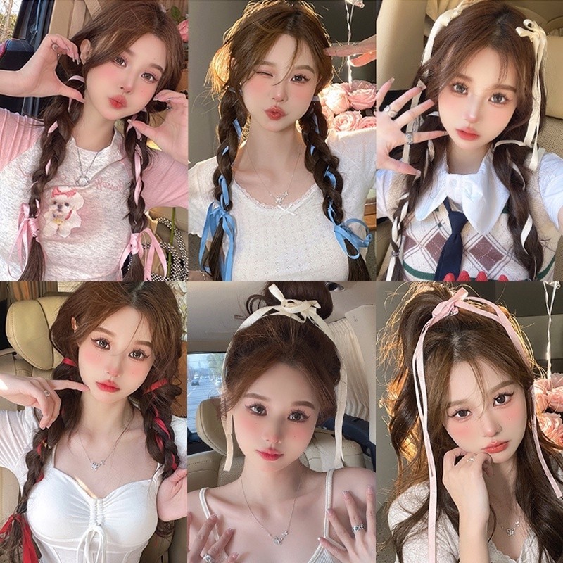 พร้อมส่งยางรัดผมผ้าไหมโบว์ถักเปียคู่หางม้าน่ารักนักเรียนสำหรับผู้หญิงเครื่องประดับผม