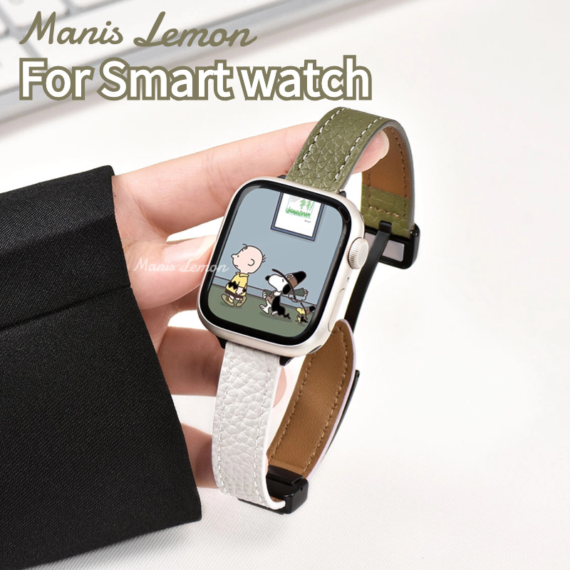 Manis Lemon สายนาฬิกาข้อมือ หนังกรวด for Smart Watch band Serie 9 8 3 5 4 SE 6 7 2 1 Ultra 49 45 44 40 41 38 42 mm มม.