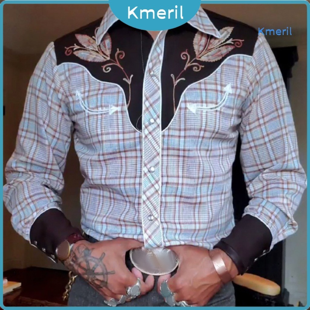 เสื้อเชิ้ตแขนยาว เข้ารูป พิมพ์ลาย สไตล์ตะวันตก วินเทจ คาวบอย แนวสตรีท สําหรับผู้ชาย