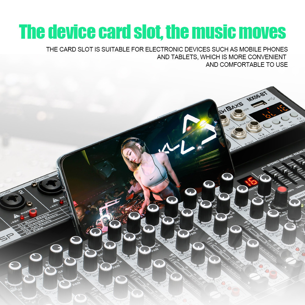 NEW BAXS 6 ช่องโทนเสียง MX06BT AUDIO MIXER มาพร้อมกับ Equalizer 16DSP Effecter รองรับการเล่น Bluetooth / USB / MP3